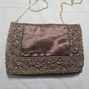 Vintage Beaded Purse w Chain Strap Clutch Satin Brown Handbag Boho Fine Arts Bag